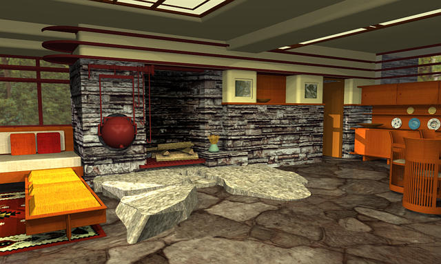 Fallingwater fireplace render